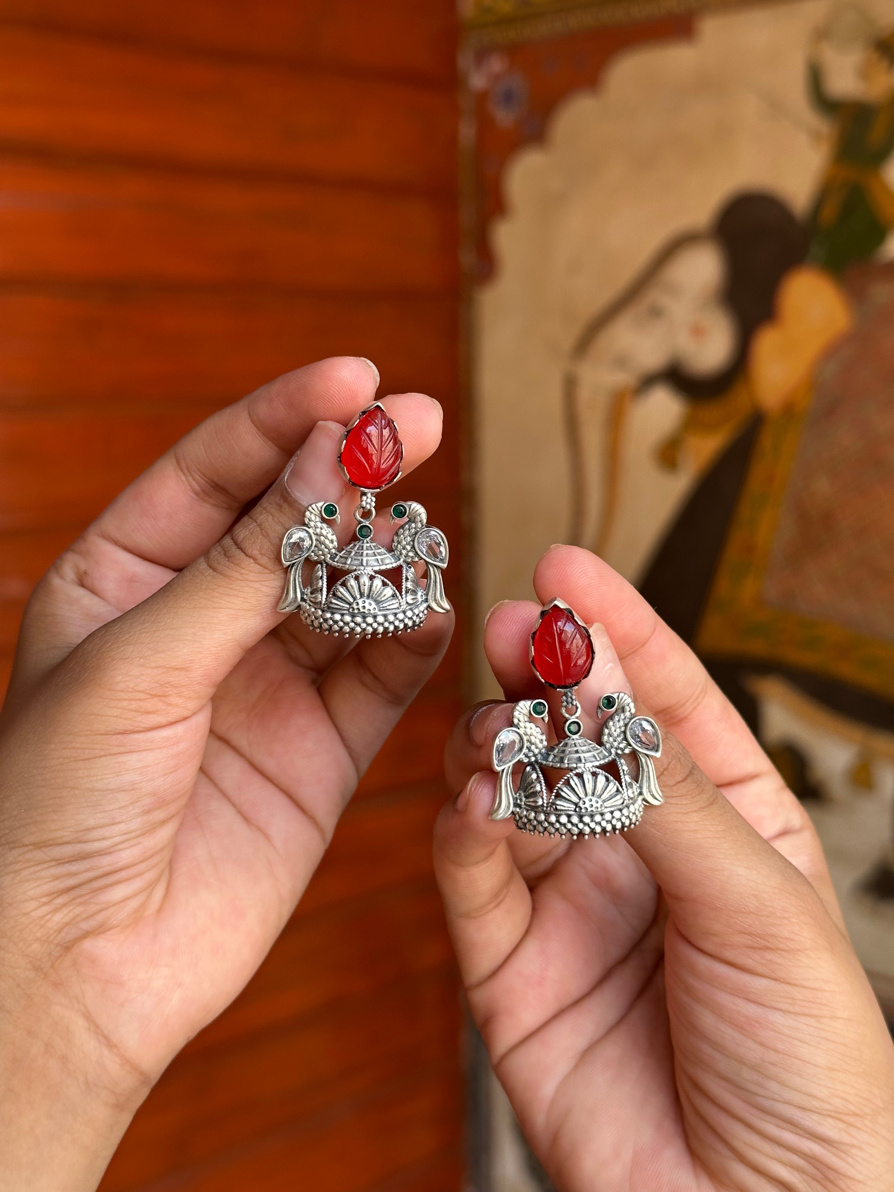Bird Motif Silver Earrings with Leaf Stone